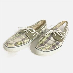 Sperry Topsiders Cotton Canvas Multicolor Plaid Boat Shoe Sneaker White Lace Up